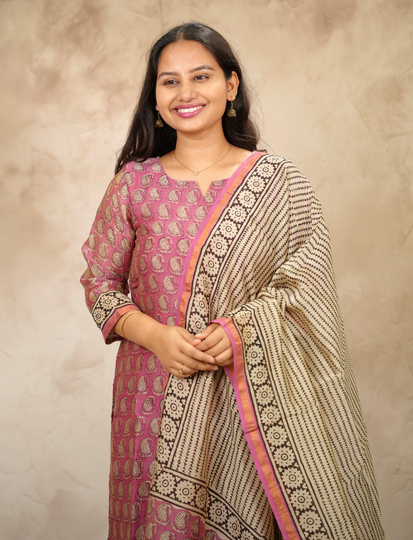 Pink Handblock printed Pure Chenderi Silk 3 piece suit (stitched) | Looms & Tassels