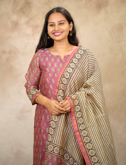 Pink Handblock printed Pure Chenderi Silk 3 piece suit (stitched) | Looms & Tassels