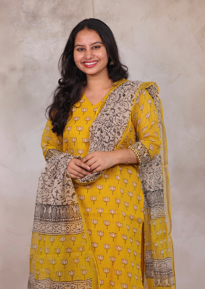 Yellow Handblock printed kota 3 piece suit (stitched)