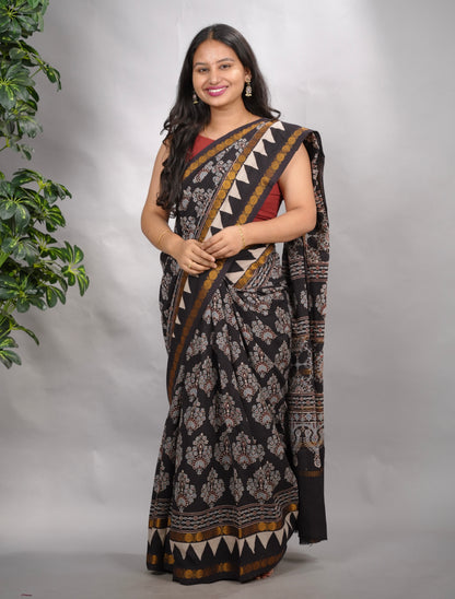 Black Ajrakh Hand Block Printed Sungudi Cotton Saree | Looms & Tassels