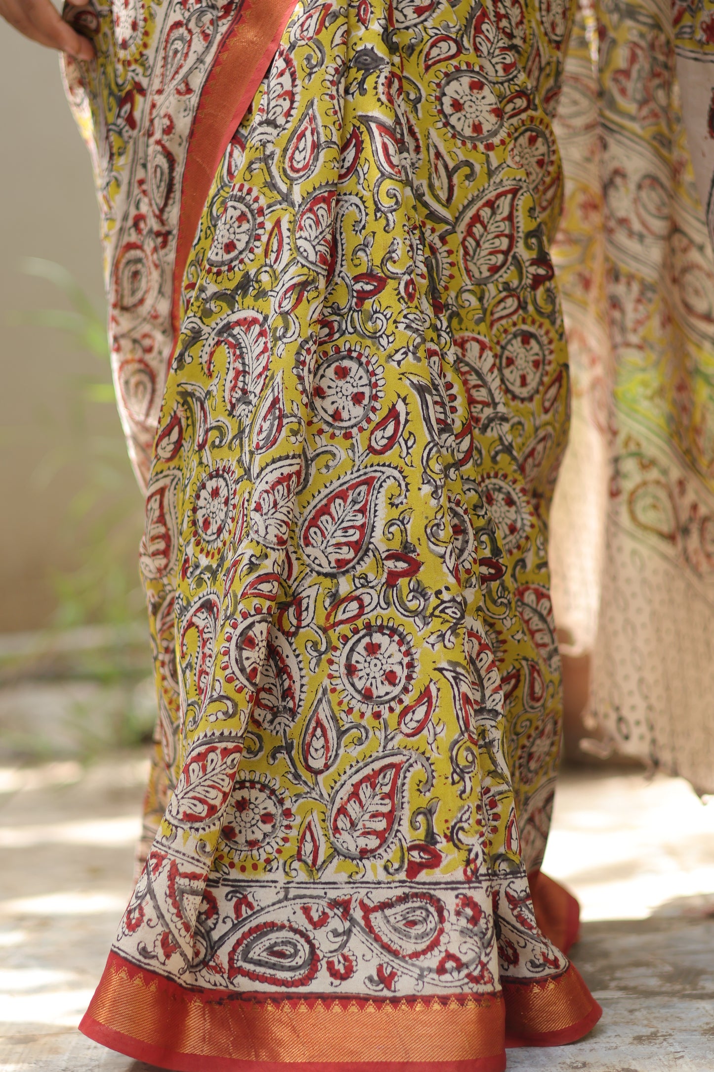 Hand Block Printed Kalamkari Nizam Border Silk Saree