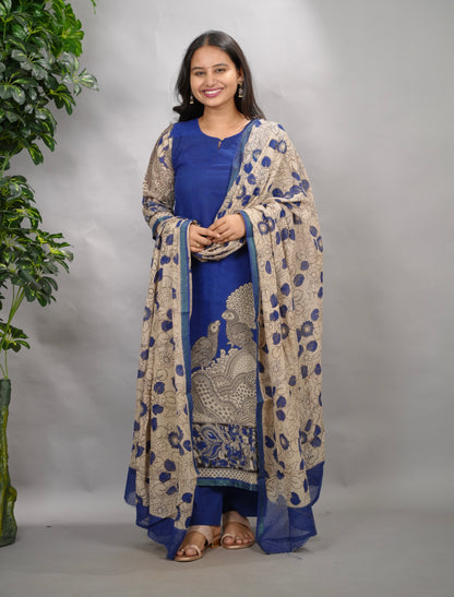 Blue Kalamkari Kota Cotton 3 piece suit (stitched) | Looms & Tassels