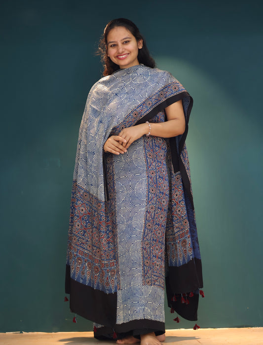 Indigo Handblock printed Ajrakh modal silk 2 piece suit set