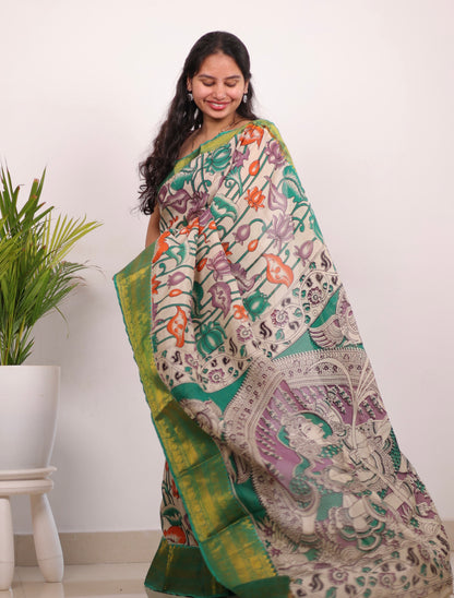 Cream & Green Kanchi border Kalamkari chennur silk saree