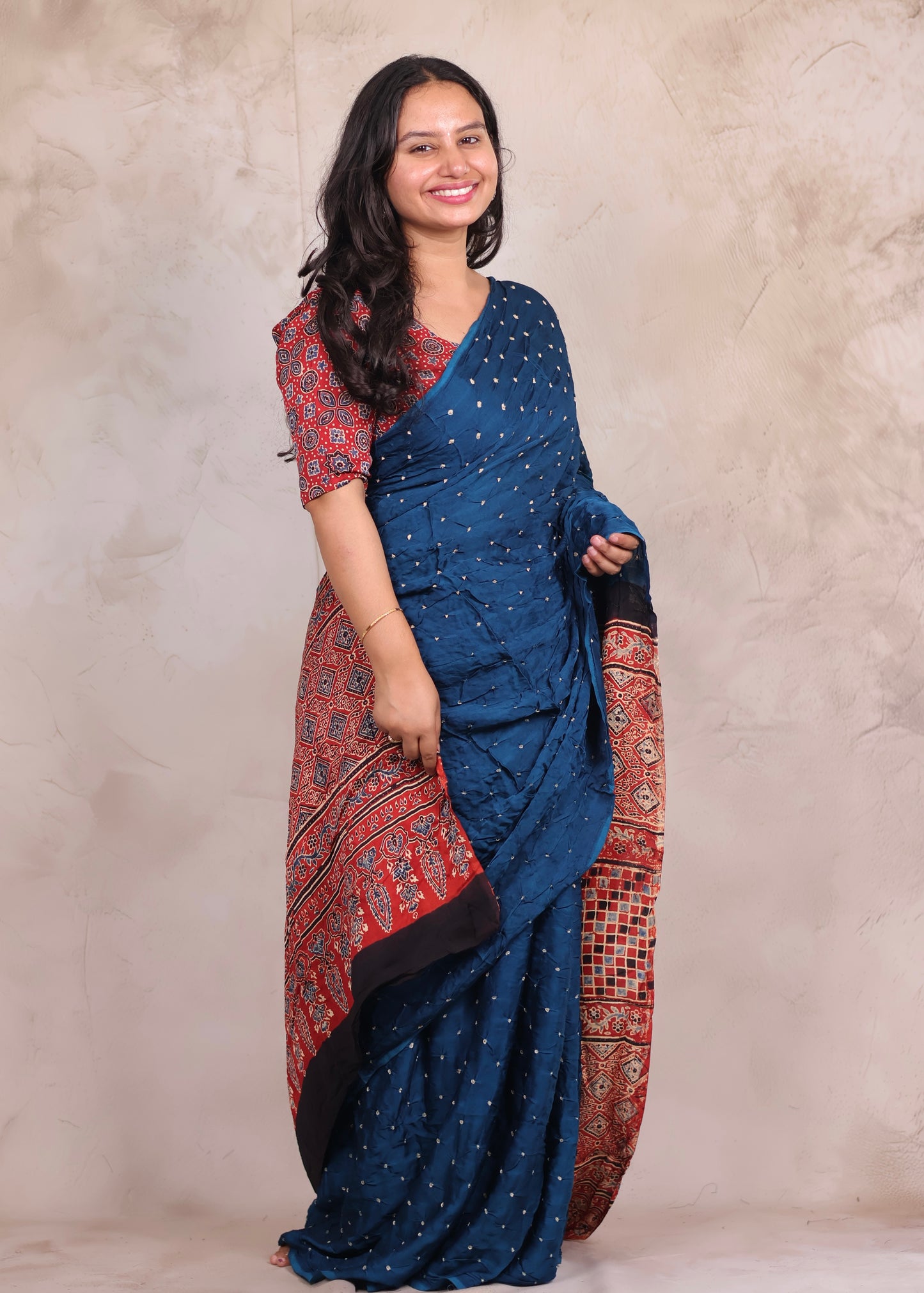 Cyan Blue Hand Knotted Bandhej Modal Silk Saree with Ajrakh Pallu | Looms & Tassels