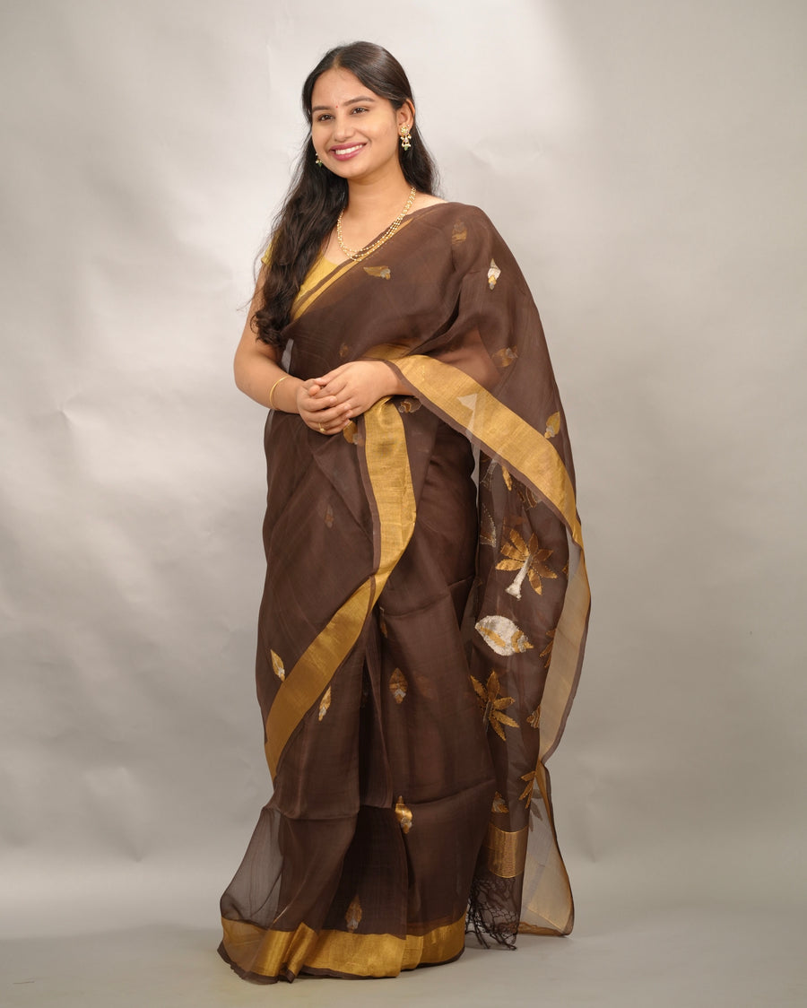 Brown Handloom Muslin Silk Saree With jamdhani weaving | Looms & Tassels