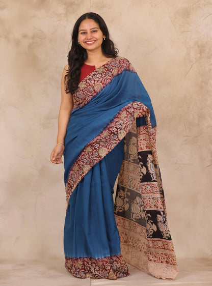 Cyan Blue Hand Block Printed Kalamkari Cotton Saree | Looms & Tassels