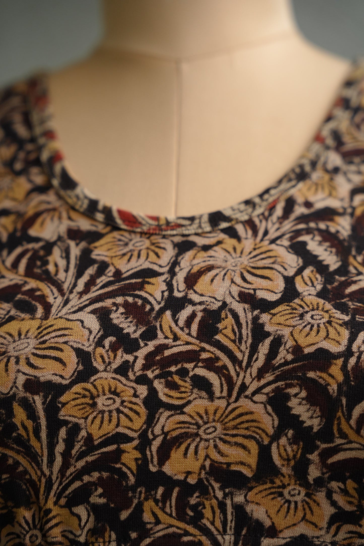Black Round Neck Stretchable Hand block printed kalamkari blouse