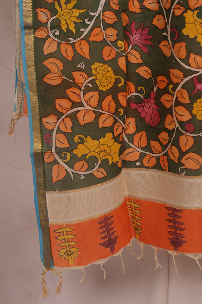 Green Pen Kalamkari Mangalagiri silk Dupatta