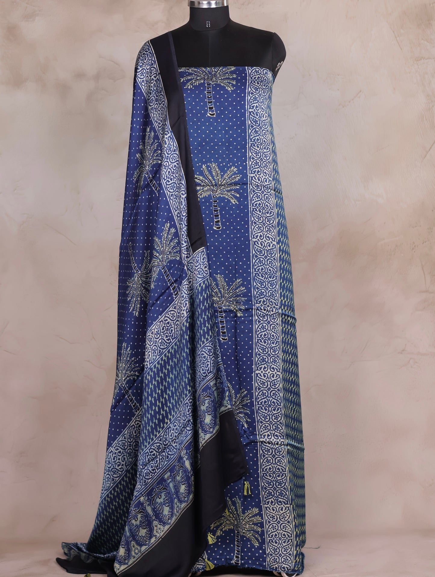 Indigo Ajrakh Handblock Printed Modal Silk 2 Piece Suit Set | Looms & Tassels