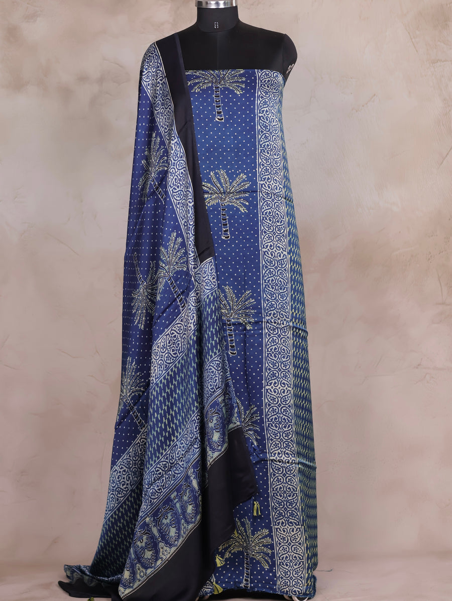 Indigo Ajrakh Handblock Printed Modal Silk 2 Piece Suit Set | Looms & Tassels