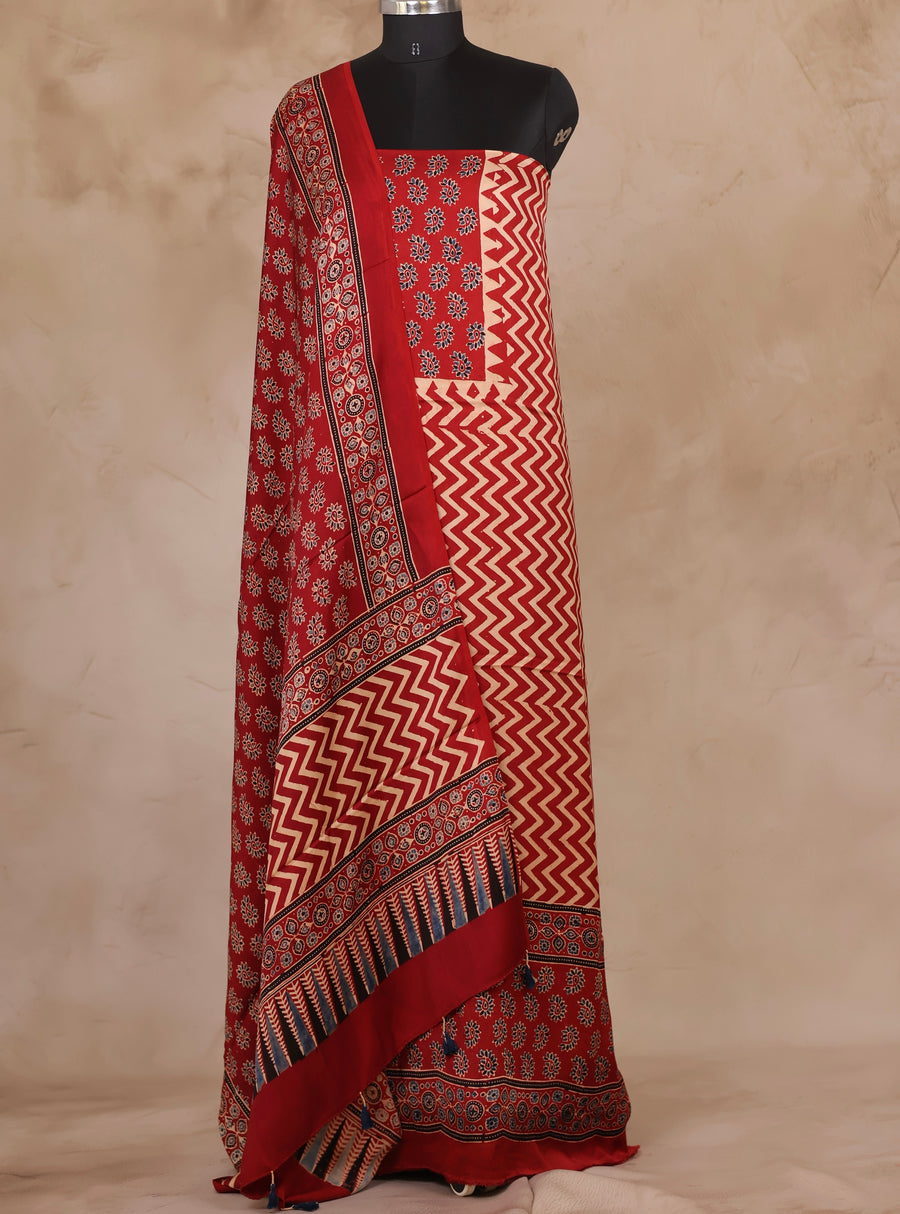Red Ajrakh Handblock Printed Modal Silk 2 Piece Suit Set | Looms & Tassels