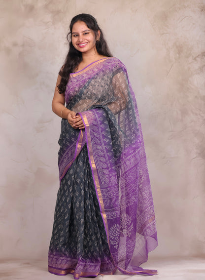 Ash And Dark Lavender Dual Shade Pure Kota Doria Saree with Bagru Handblock Prints | Looms & Tassels