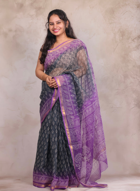 Ash And Dark Lavender Dual Shade Pure Kota Doria Saree with Bagru Handblock Prints | Looms & Tassels