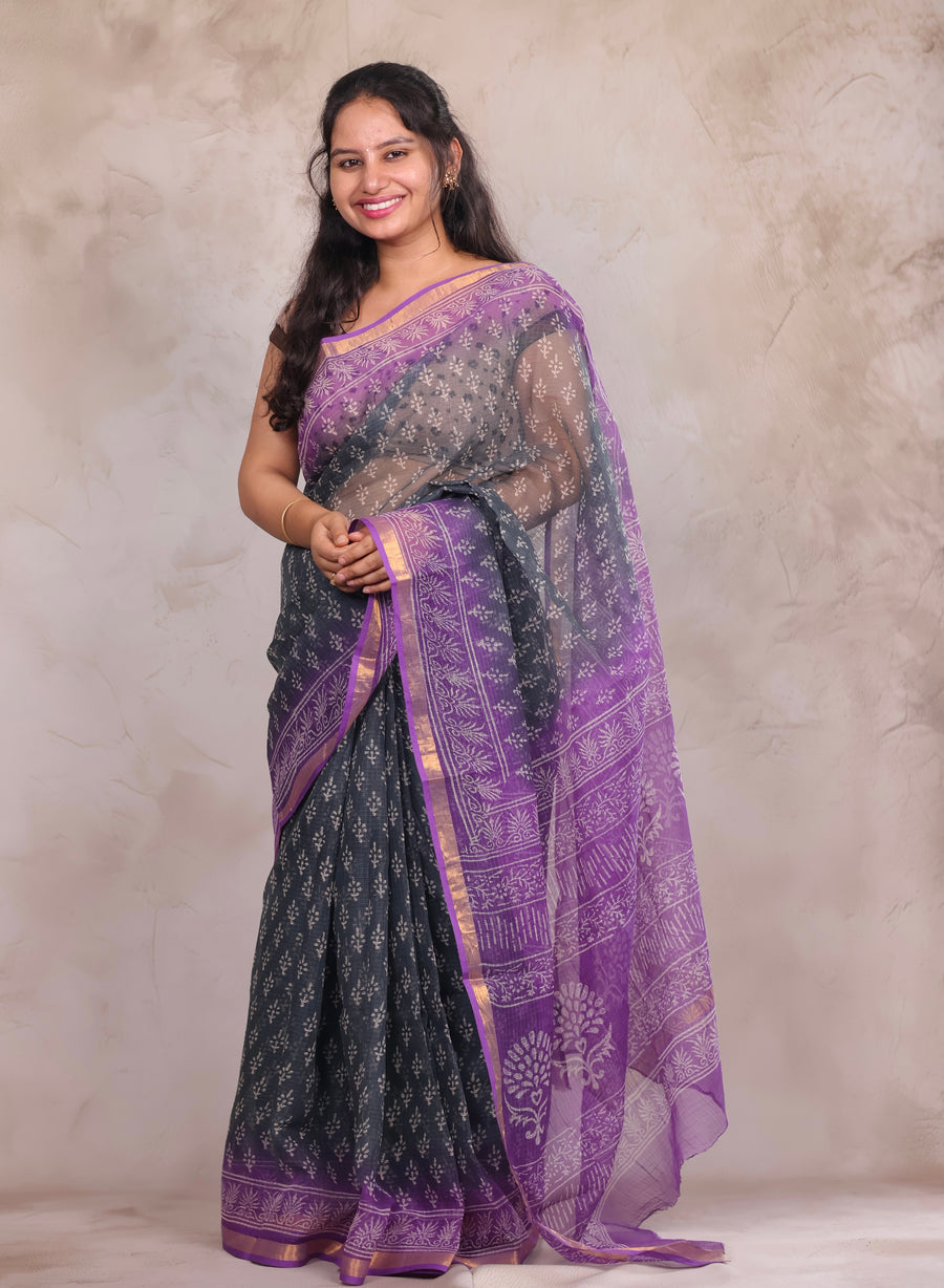 Ash And Dark Lavender Dual Shade Pure Kota Doria Saree with Bagru Handblock Prints | Looms & Tassels