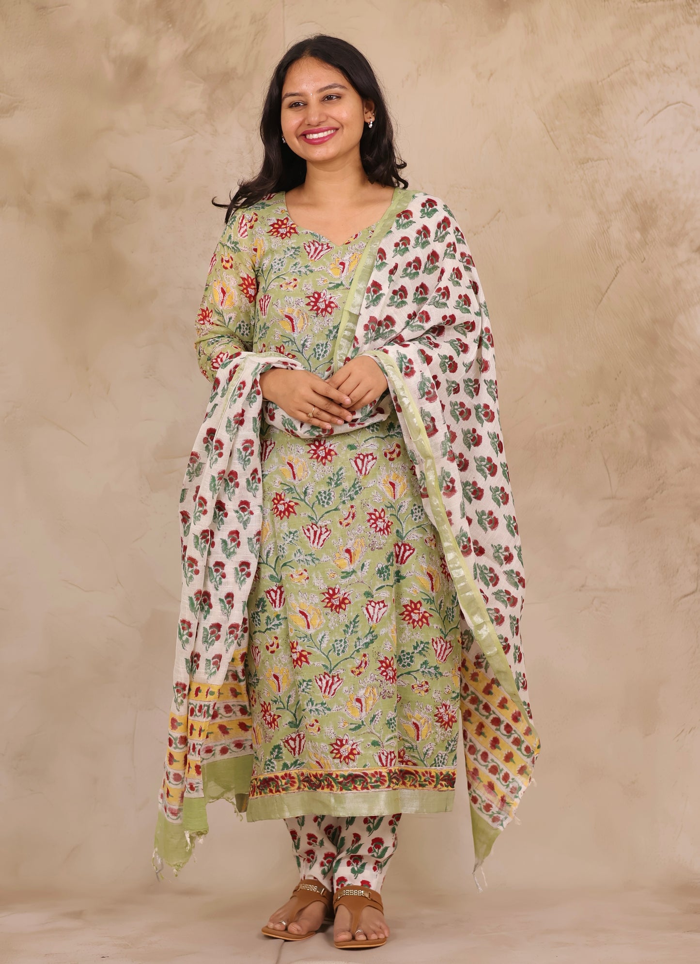 Green Linen Cotton Handblock printed 3 piece suit (stitched)