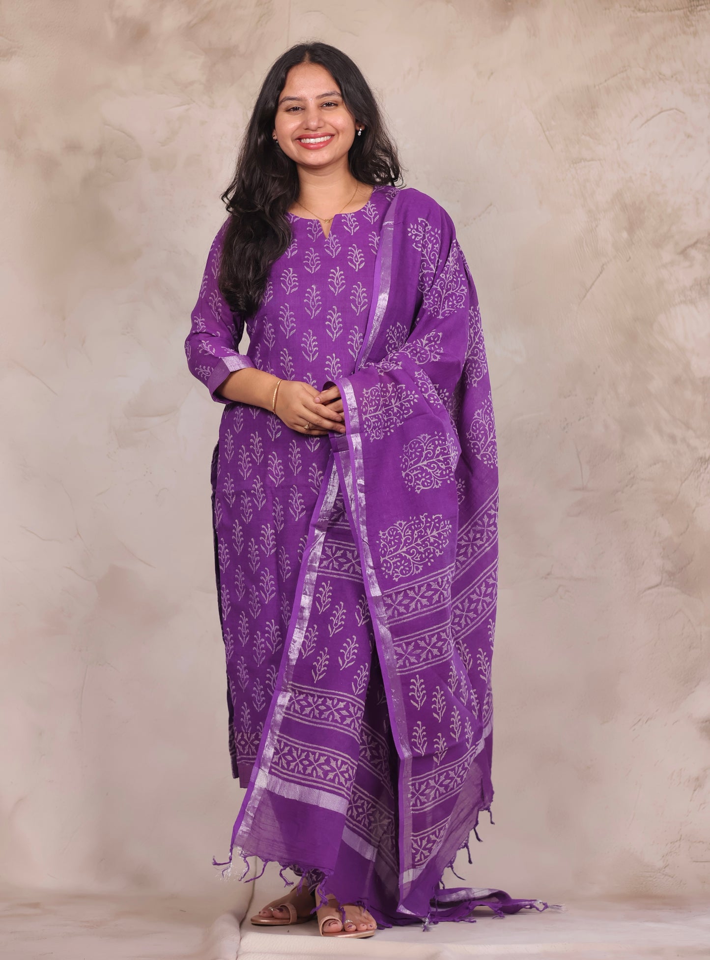 Purple Linen Cotton Handblock printed 3 piece suit (stitched)