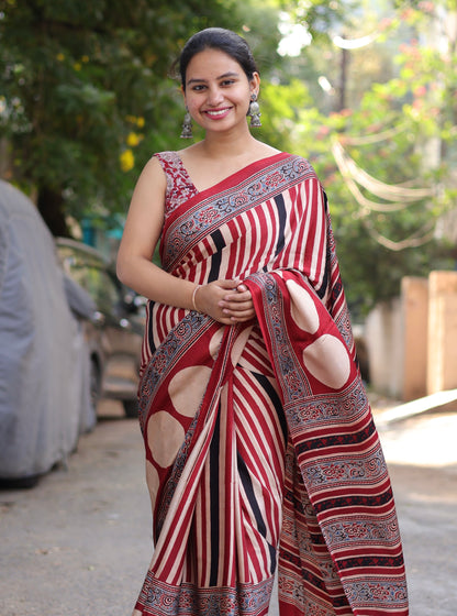 Red Ajrakh Modal Silk Saree