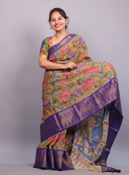 Hand Painted Pen Kalamkari Silk Saree
