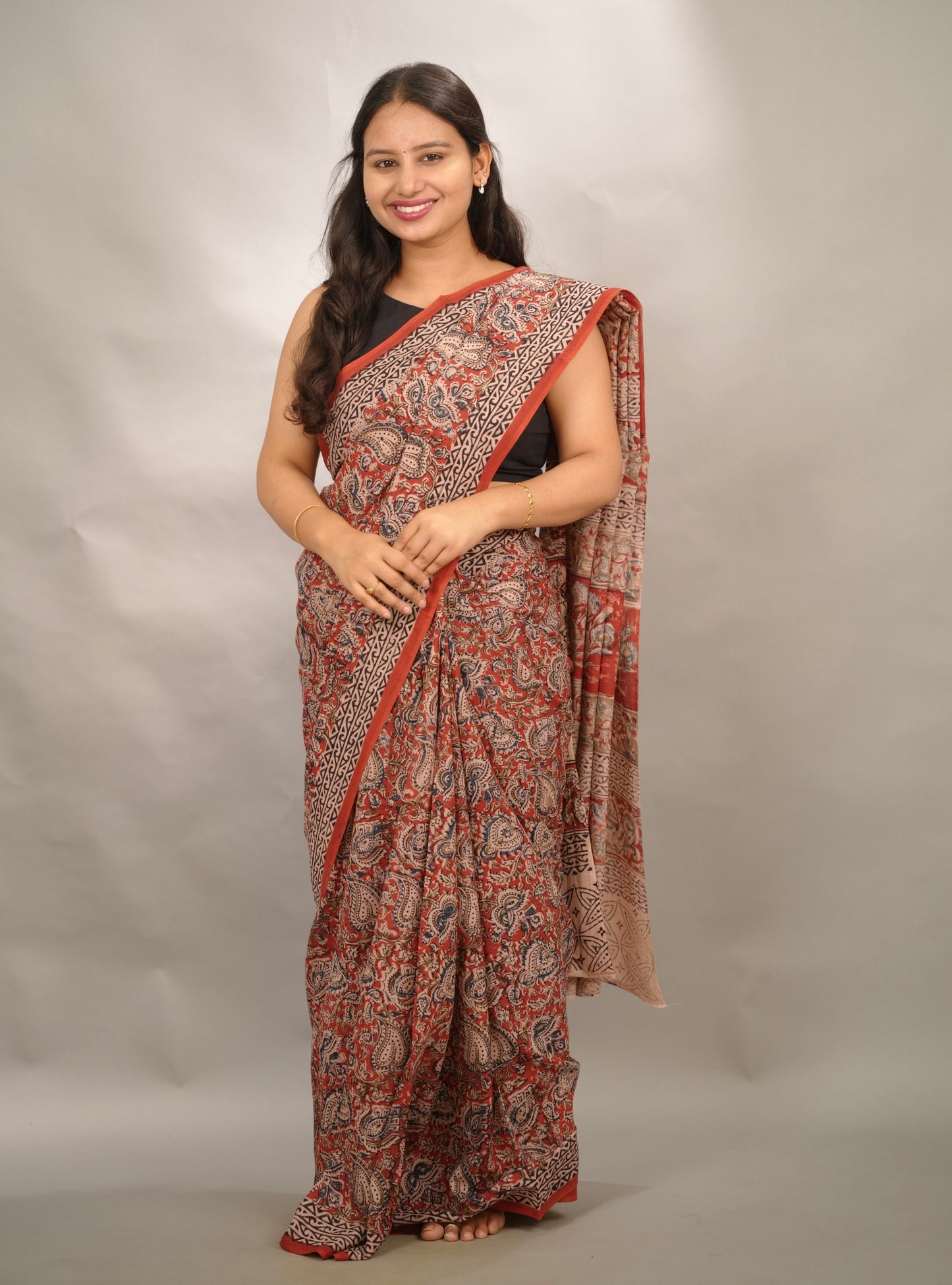 Red Hand Block Printed Kalamkari Cotton Saree | Looms & Tassels