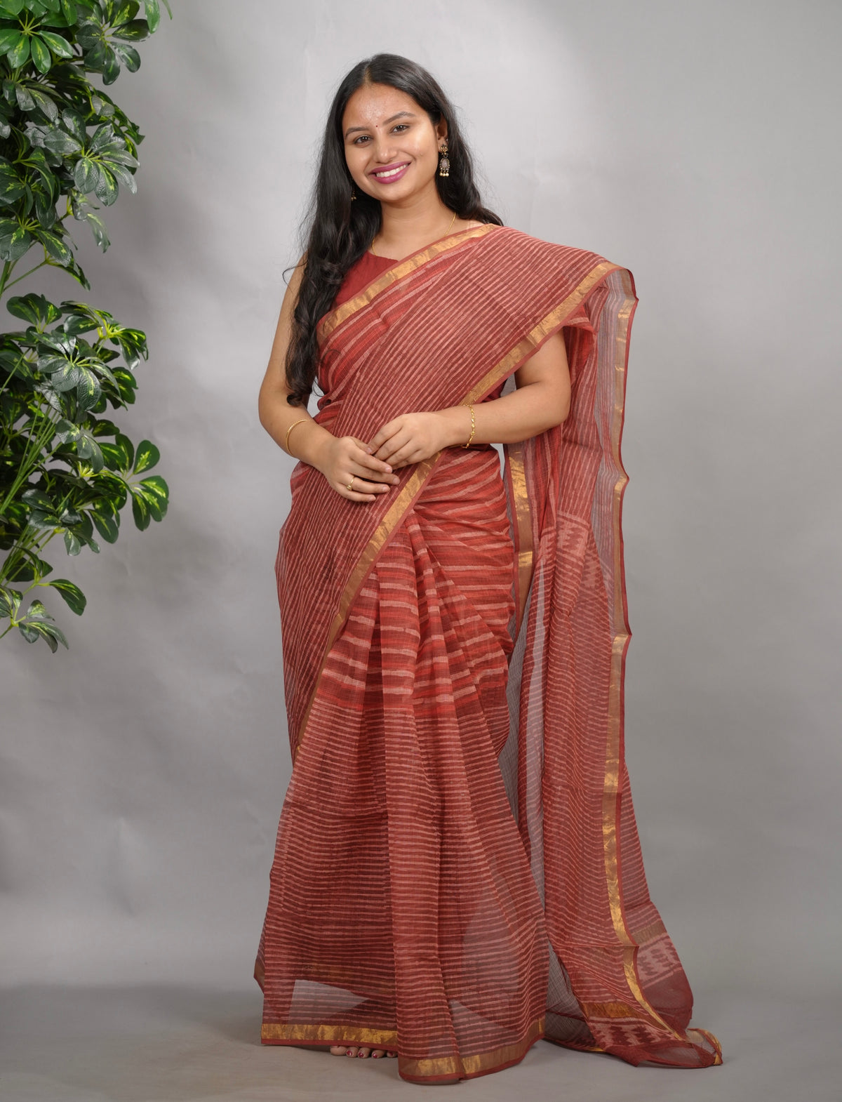 Maroon Stripes Contemporary Pure Kota Doria Saree with Bagru Handblock Prints