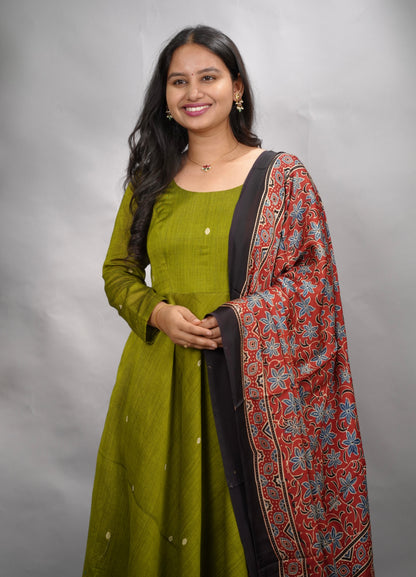 Parrot  Green Ajrakh Patch Work Narayanpet Cotton Anarkali Dress with Ajrakh Modal Silk Dupatta | Looms & Tassels