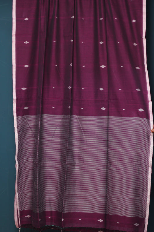 Wine Pure Handwoven Mercerised Cotton Saree with Butta Weaving