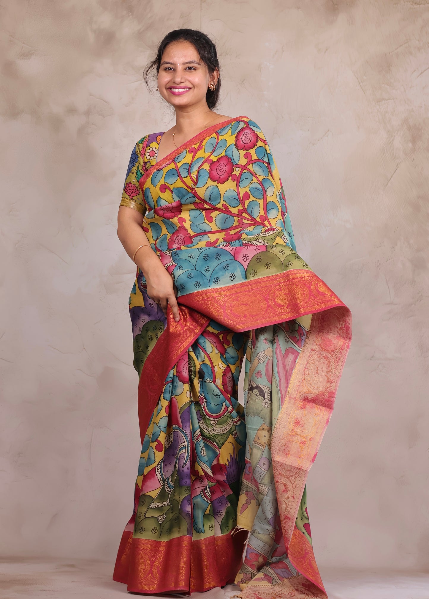 Hand Drawn Pen Kalamkari Yellow And Red's pink Bangalore Silk Kanchi Border Saree | Looms & Tassels