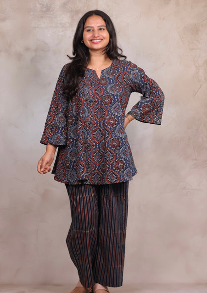 Indigo Ajrakh Handblock Printed Co-ord Set (Pure Cotton ) | Looms & Tassels