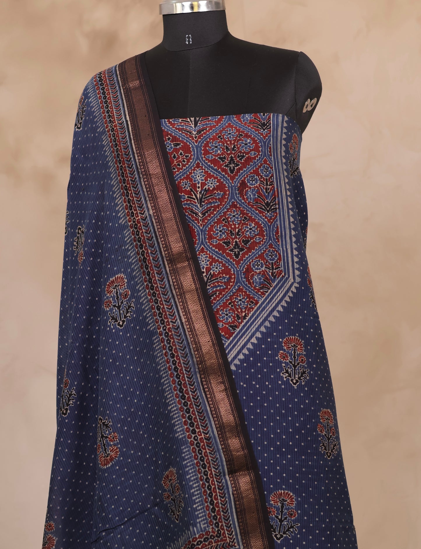 Maheswari Silk Cotton Ajrakh Handblock Printed 2 Piece Suit Set | Looms & Tassels