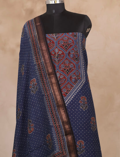 Maheswari Silk Cotton Ajrakh Handblock Printed 2 Piece Suit Set | Looms & Tassels