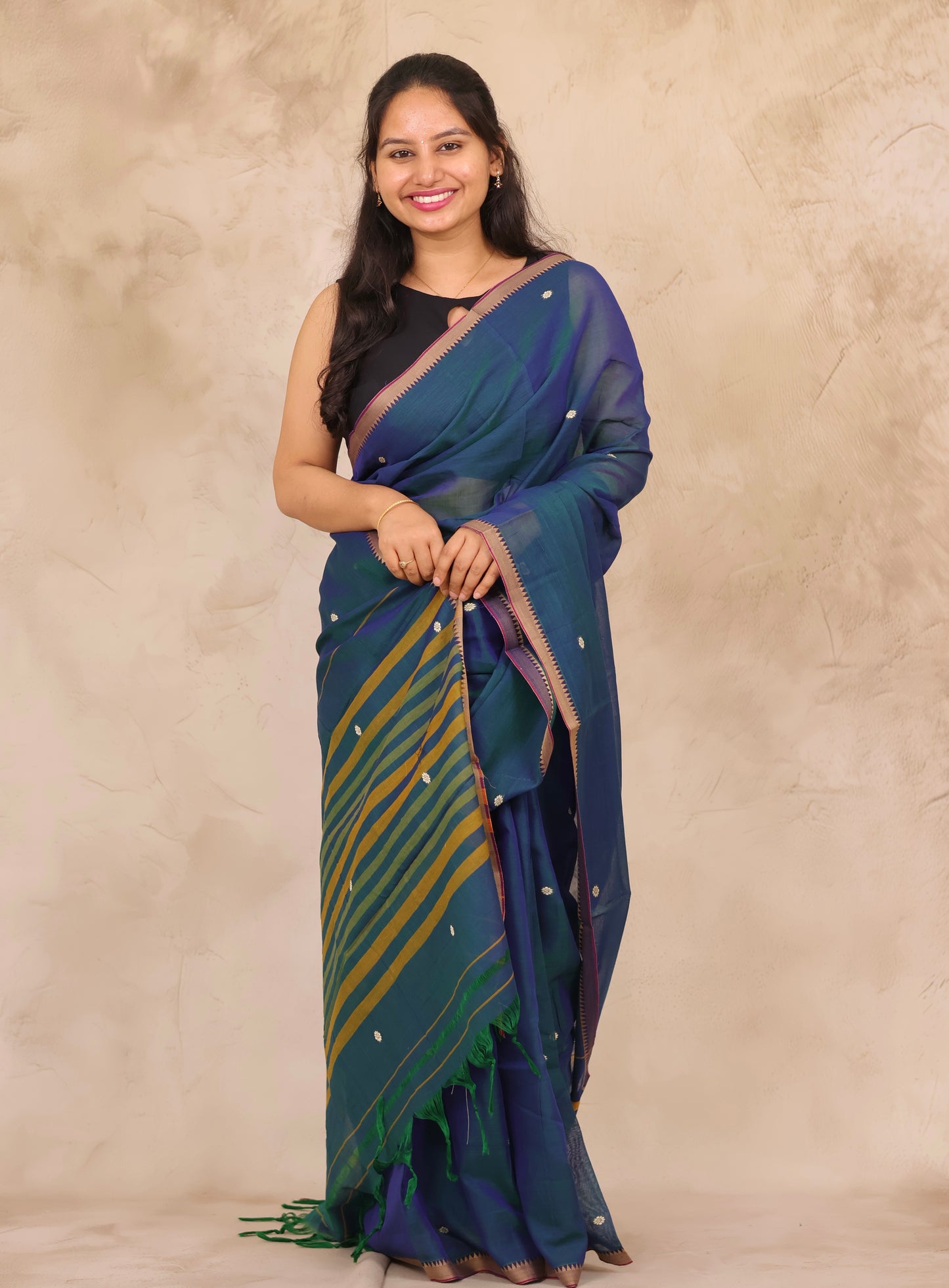 Peacock Blue Narayanpet Cotton Saree With Butta Weaving | Looms & Tassels