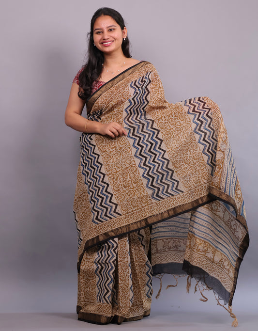 Mustard & Cream Bagru Hand Block Printed Maheswari Silk Cotton Saree