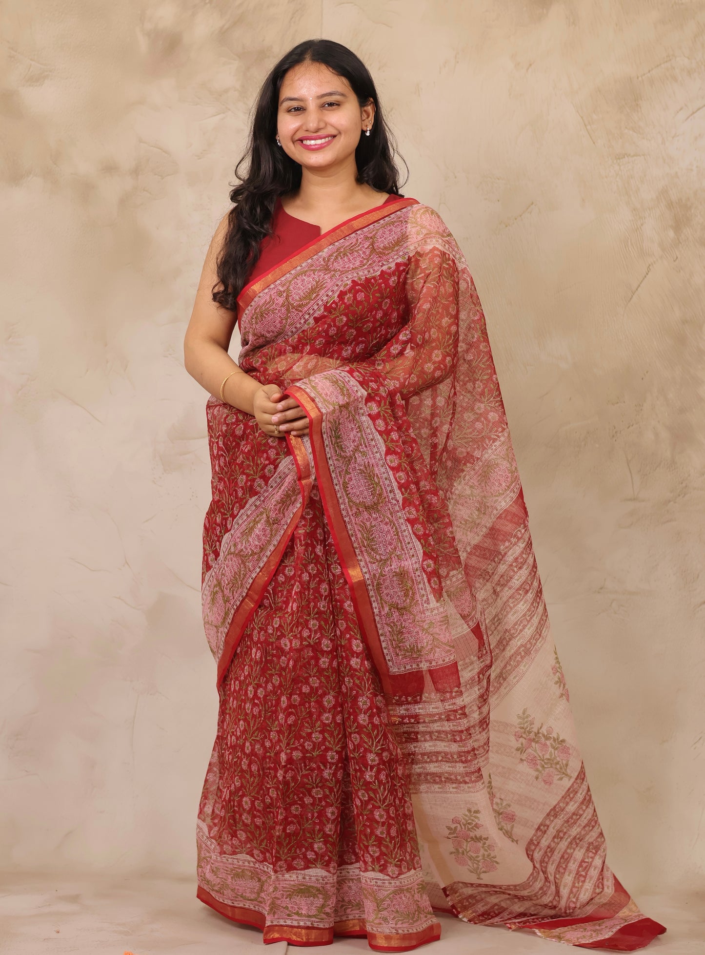 Maroon Pure Kota Doria Saree with Bagru Handblock Prints | Looms & Tassels