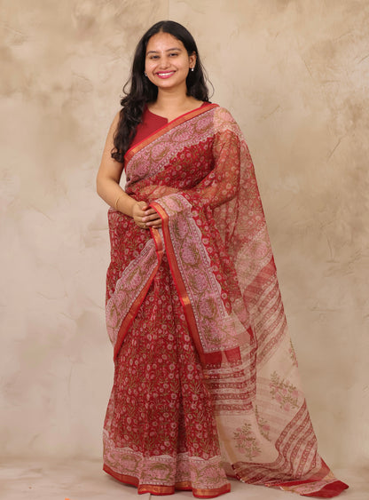 Maroon Pure Kota Doria Saree with Bagru Handblock Prints | Looms & Tassels