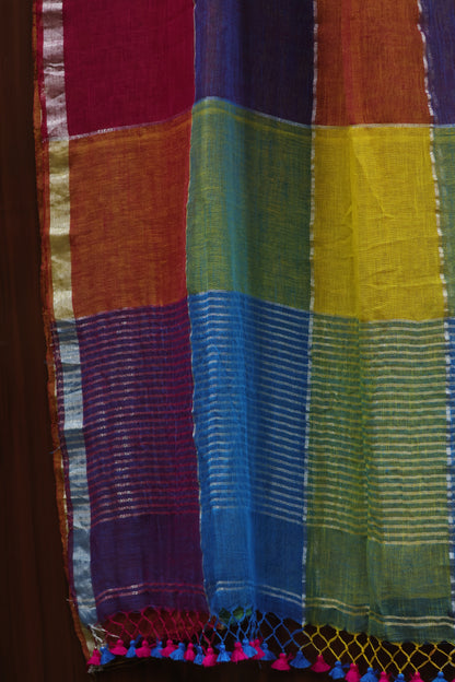Multicolor Pure Handwoven Linen Saree