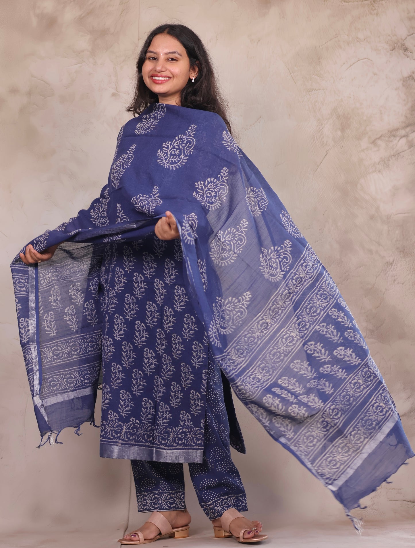 Indigo Linen Cotton Handblock printed 3 piece suit (stitched)