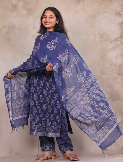 Indigo Linen Cotton Handblock printed 3 piece suit (stitched)