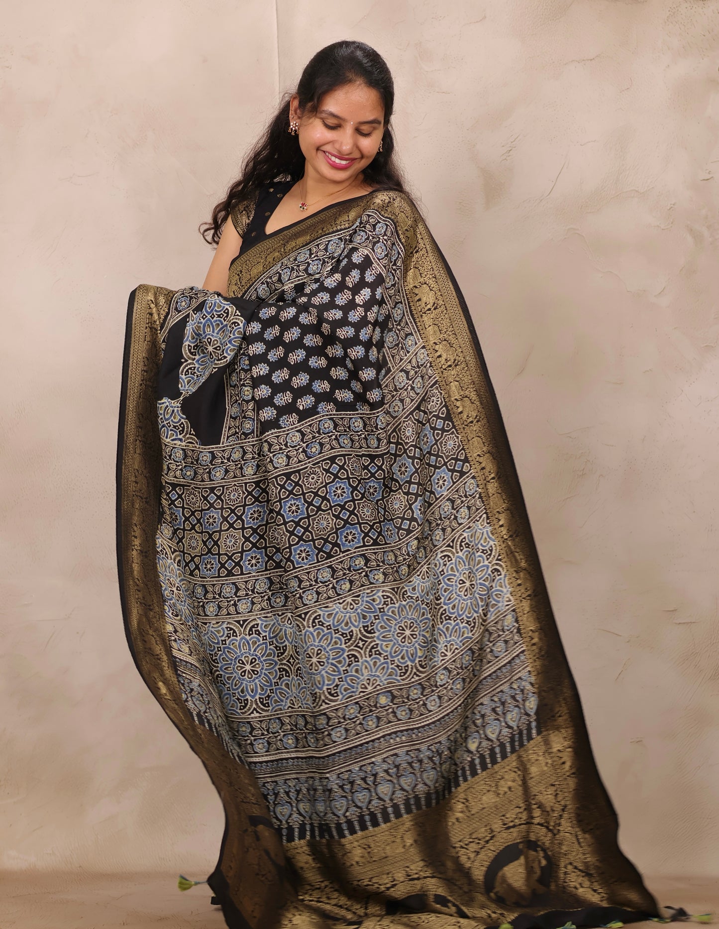 Black Ajrakh Handblock printed Dola Silk Saree | Looms & Tassels