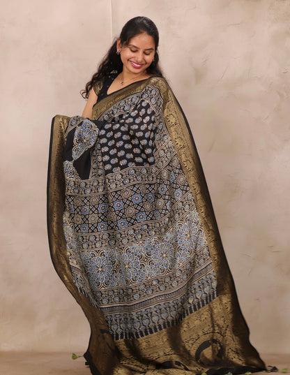 Black Ajrakh Handblock printed Dola Silk Saree | Looms & Tassels