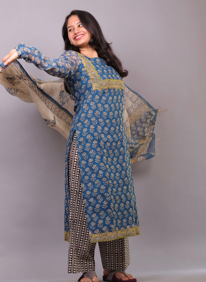Cyan Blue Handblock printed kota 3 piece suit with chudi sleeves (stitched)