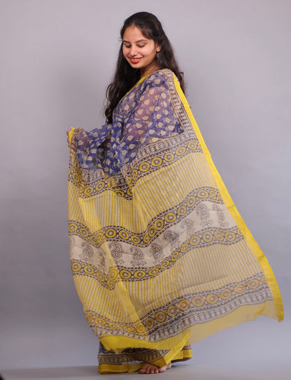 Pure Kota Doria Saree with Bagru Handblock Prints – Blue | Looms&Tassels