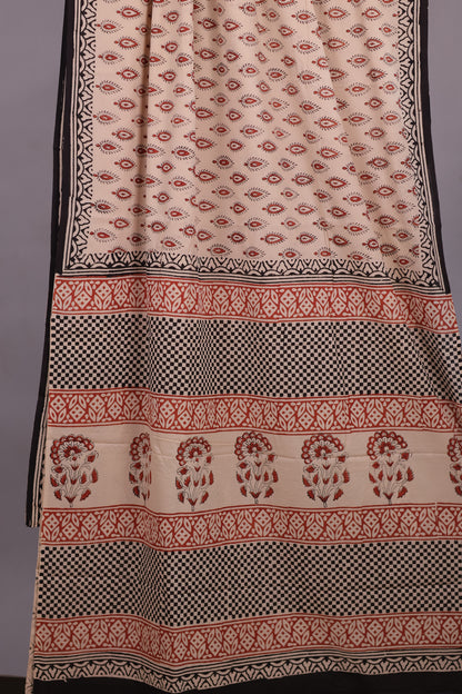Cream Bagru Handblock printed MulMul cotton saree