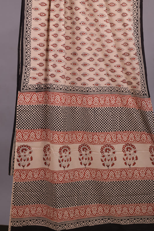 Cream Bagru Handblock printed MulMul cotton saree