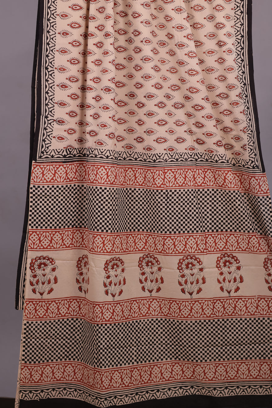 Cream Bagru Handblock printed MulMul cotton saree | Looms & Tassels