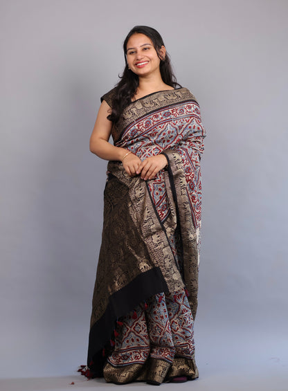 Cream Geometrical & Floral Ajrakh Motifs Handblock printed Dola Silk Saree | Looms & Tassels