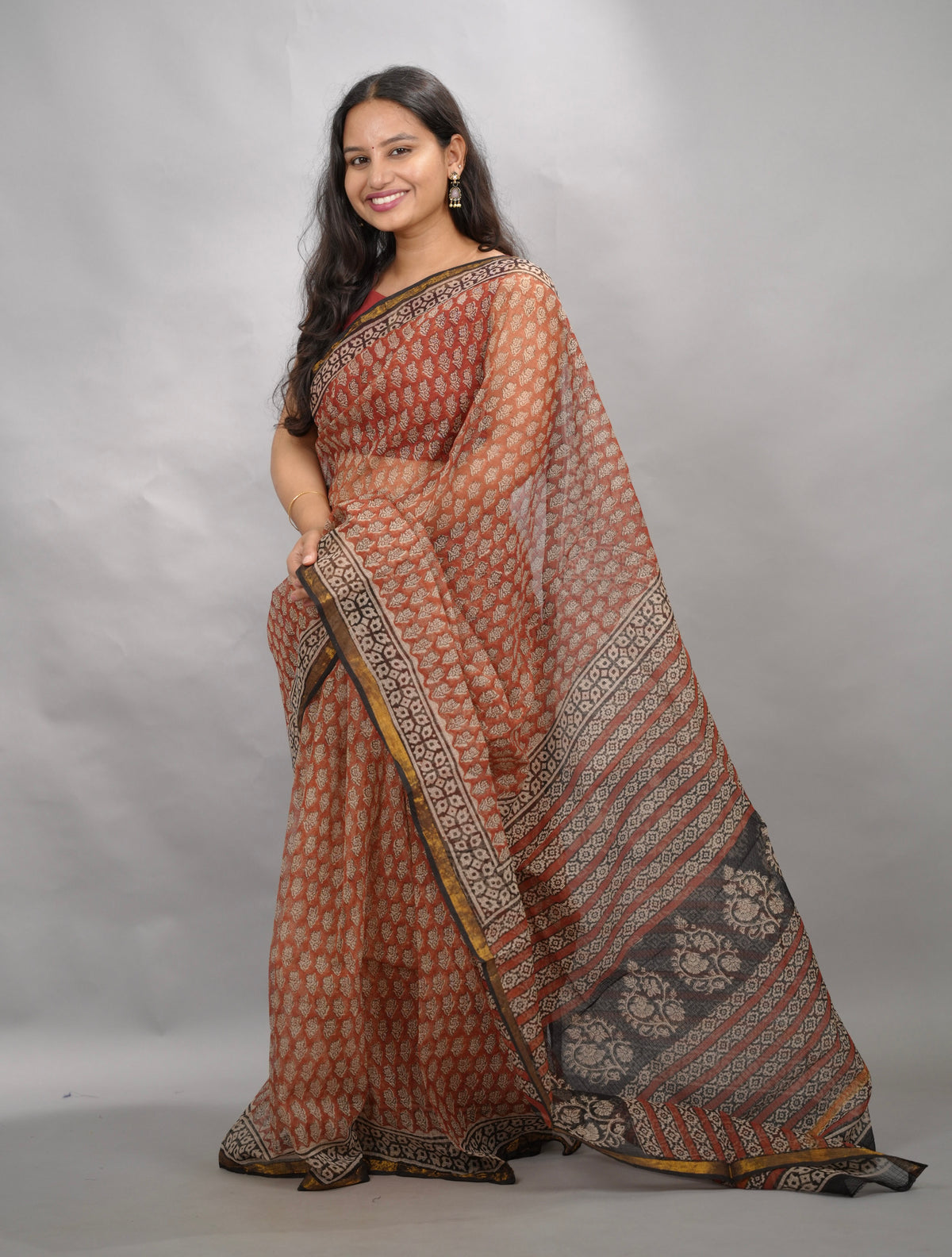 Maroon Pure Kota Doria Saree with Bagru Handblock Prints | Looms & Tassels
