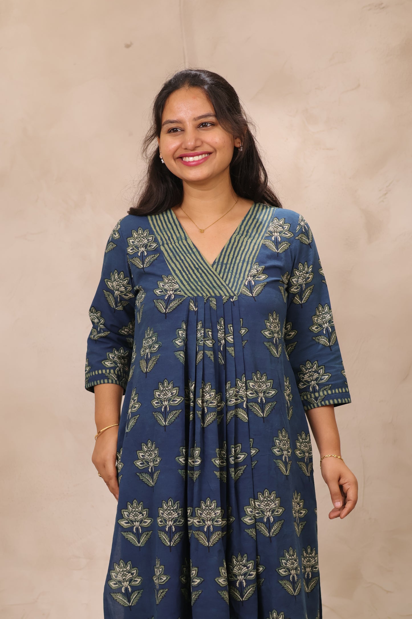 Indigo Pure Mul Cotton Ajrakh Patchwork Aline Kurta | Looms & Tassels