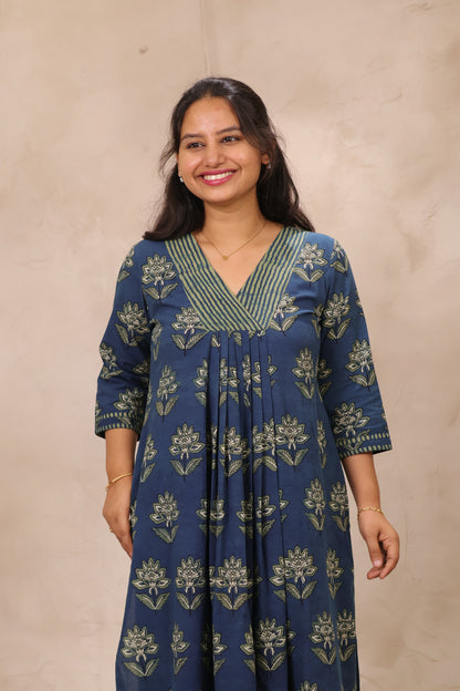 Indigo Pure Mul Cotton Ajrakh Patchwork Aline Kurta | Looms & Tassels