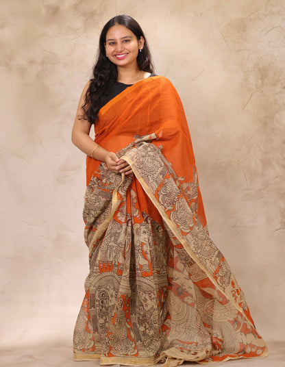 Orange Kota Doria Saree with Kalamkari Handblock Prints | Looms & Tassels